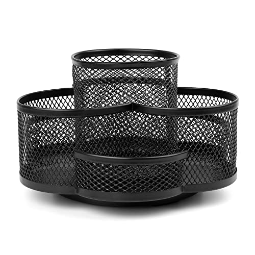 Pot à Crayon en Métal, KLEHOPE Rangement Bureau Organisateur, Rotatif 360°, avec Tapis Antidérapant et Sept Compartiments de Rangement, pour les Bureaux, Studios