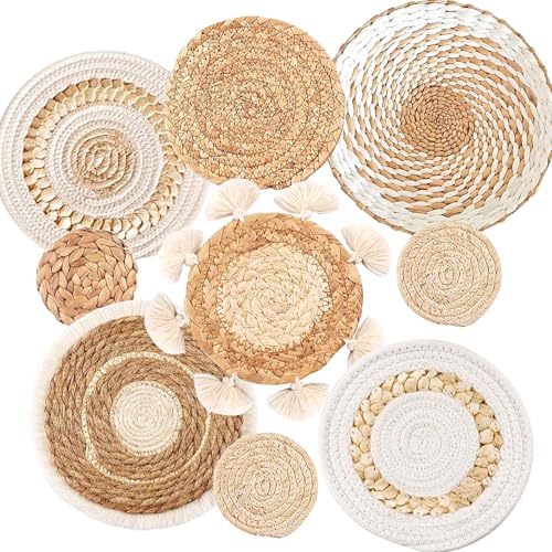 9PCS Boho Wall Baskets Set, Seagrass Rattan Wicker Basket Set, Round Handmade Hanging Basket Decor for Farmhouse Living Room Bedroom Display Table Kitchen Home