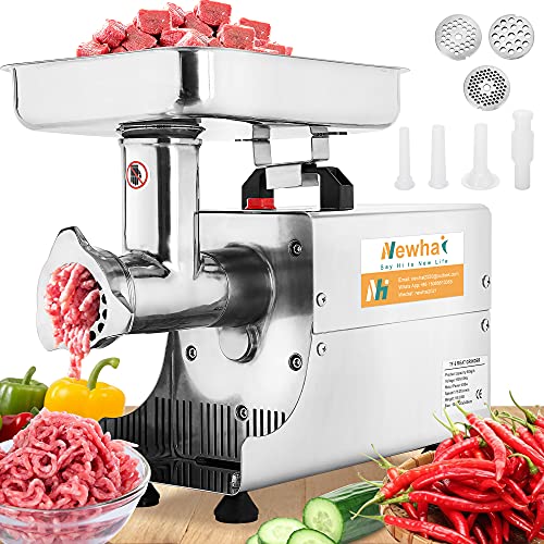 Newhai Commercial Meat Grinder, Electric Meat Grinding Machine, Family Meat Mincer Chopper, Sausage Stuffer with 3 Grinding Plates & Stuffing Tubes, Making Meat Balls Sausage