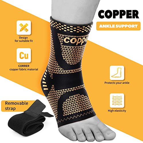 JIUFENTIAN Copper Ankle Brace Adjustable Compression Sleeve (Pair)-Ankle Support Heel Brace for Achilles Tendonitis, Plantar Fasciitis-Eases Swelling and Sprained Ankle(Medium) - Thumbnail 2