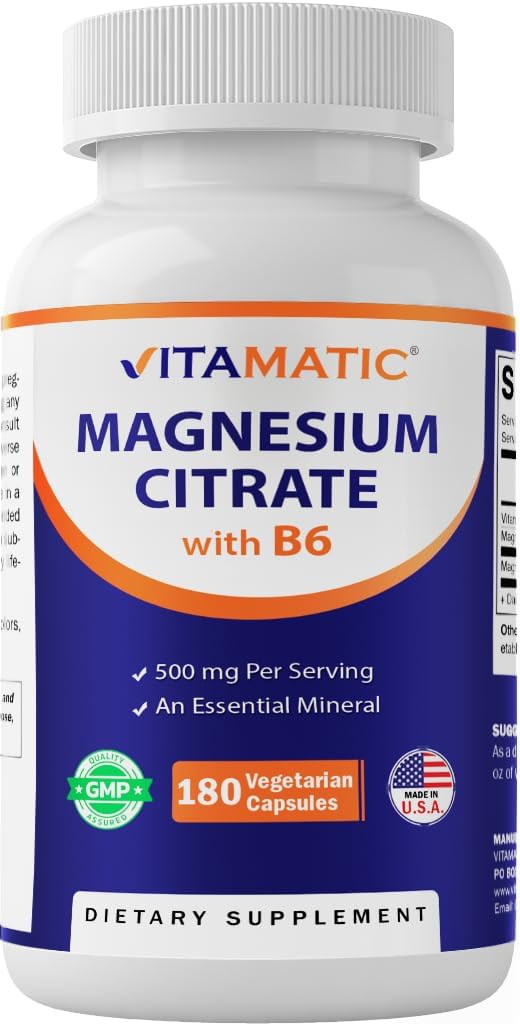 Vitamatic Magnesium Citrate 500mg per Serving – 180 Vegetarian Capsules (Provides 150 mg of Elemental Magnesium) – Added B6 for Maximum Absorption – Supports Muscle, Joint, and Heart Health Vitamatic Magnesium Citrate 500mg per Serving – 180 Vegetarian Capsules (Provides 150 mg of Elemental Magnesium) – Added B6 for Maximum Absorption – Supports Muscle, Joint, and Heart Health