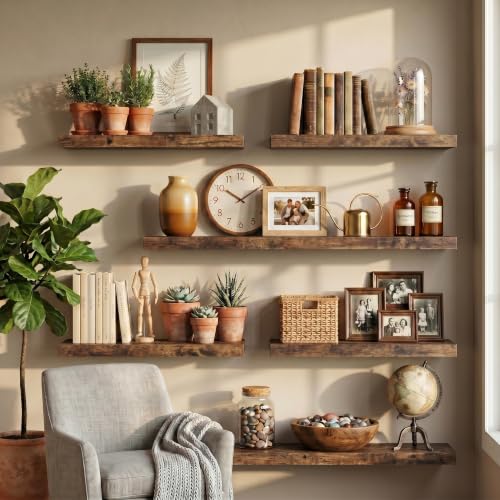 Image of Fun Memories 32 Inch Floating Shelves for Wall, Brown Wood Wall Mounted Shelf with Invisible Bracket, 10 Inch Deep Large Shelves for Living Room Bathroom Bedroom, Set of 3