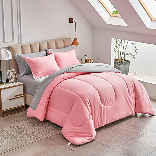Twin Pink Comforter Set Bed In A Bag With Gray Sheet Set Reversible Soft - 1 Comforter, 2 Pillow Shams, 1 Flat Sheet, 1 Fitted Sheet, 1 Pillowcases - 6 Pieces Bedding Set #TOP1