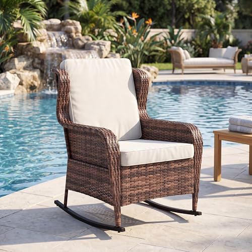 GarveeTech Outdoor Wicker Rocking Chair with Cushions All-Weather Patio Rocker High Back Rattan Chair for Garden Porch Backyard (Brown Wicker Beige Cushions)