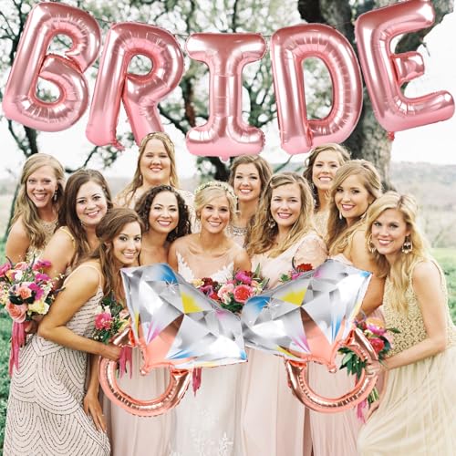 Image of Large Bride Balloons Rose Gold with 2 PCS Ring Balloons for Bridal Shower Bachelorette Engagement Party Decorations