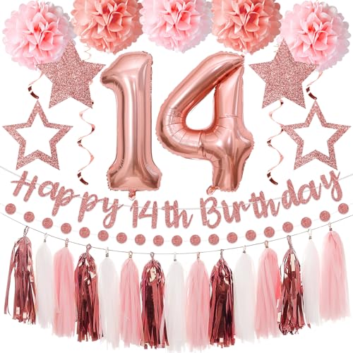 Kuxriox 13Pcs 14th Birthday Decorations for Girls Pink Rose Gold Happy 14th Birthday Banner and Balloons Glittery 14 Year Old Bday Tissue Pompoms Circle Dots Garland Tassel Garland Party Supplies