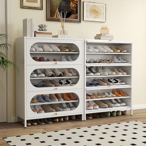 Foreate 6-Tier Entryway Shoe Storage Cabinet with 3 Flip-Up Glass Doors & Removable Shelf, 42” Metal Cabinet Shoe Rack Organizer for 18-24 Pair Shoes, Tall Freestanding Modern Shoe Cabinet-Glass Door