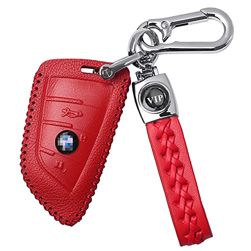 WAFERN Genuine Leather 3D Remote Smart Key Fob Case Cover Protector Holder Skin for BMW Keyless Entry X5 F15 2014-2017 with Braided Wrist Strap & Keychain 3 Buttons (Red)