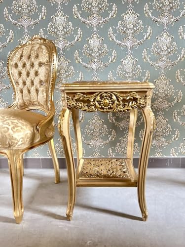 Goldener Quadratischer Beistelltisch im Französischen Barock Rokoko Stil, Handgefertigter Beistelltisch aus Holz mit Kamelfarbener Marmorplatte, Goldener Couchtisch, Teetisch als Wohndekoration – Bild 3