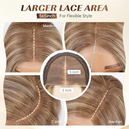 Image of KKU 16 Inch Light Brown Mixed Blonde Human Hair Wigs for Women,5x5 Lace Front Wigs Human Hair,wigs for women