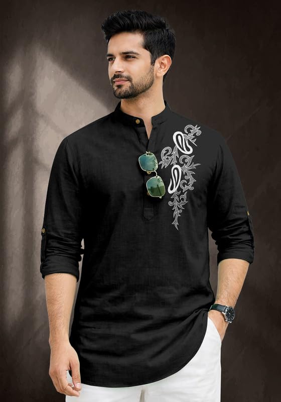 Image of Cotton Blend Self Design Printed Casual Short Kurta for Men Long Sleeve Mandarin Collar Stylish Kurta Shirt for Men