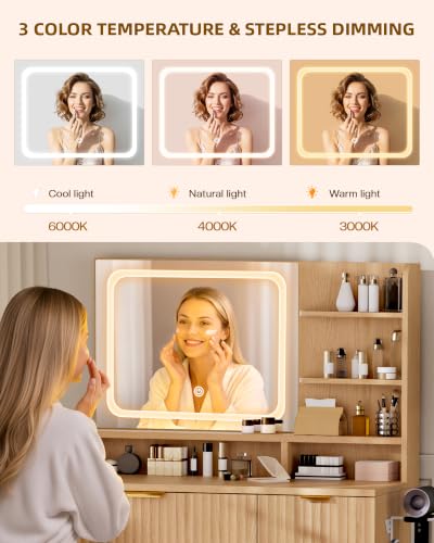Image of LIVELYGLOW 35.4 inch Wooden Makeup Vanity Set with Charging Station & Stool | Smart LED Mirror, Fluted Design, Cushioned Stool, Hairdryer Rack