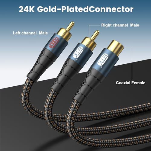 Image of EMK RCA Splitter 2 Male to Female Extension Cable Dual Shielding Gold Plated Nylon Braided RCA Splitter 1 Female to 2 Male Cord Adapter 1ft /30CM