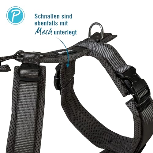 Petlando Hundegeschirr gepolstert, Mesh Y-Comfort, weich, stufenlos verstellbar, besonders leicht & atmungsaktiv, fellschonend, ergonomisch, Brustgeschirr für mittelgroße Hunde, Schwarz, M