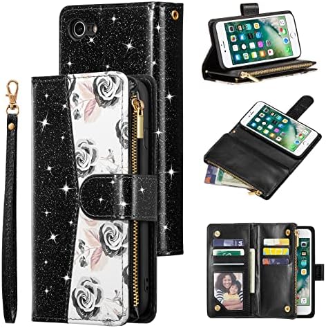 UEEBAI Wallet Case for iPhone SE 2022 5G/iPhone 7/iPhone 8/iPhone SE 2020, Premium PU Leather Magnetic Handbag Zipper Case Kickstand Card Slots Wrist Strap Flip Cover for iPhone SE3/SE2 - Black