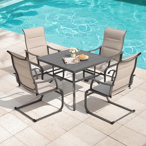 Image of NUU GARDEN 5 Piece Outdoor Patio Dining Set, 37 inch Table with Umbrella Hole and 4 Textilene Dining Chairs, Patio Furniture for Porch Poolside Garden, Beige