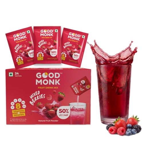 Image of Good Monk Fruit Drink Mix (Natural Mixed Berries Powder), 50% Less Sugar with 8 Vitamins & Minerals (Vitamin B12, C, D, Iron & more) | Tasty & Healthy Mix for Hydration, Energy, Immunity, 24 Sachets