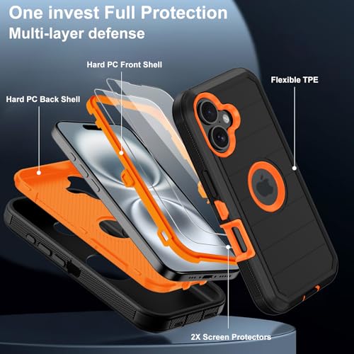 for iPhone 16 Case with Screen Protector,Heavy Duty 3-Layer Military Grade Drop Protection Cases,Full Body Shock-Absorbing Dust Proof Rugged Bumper Phone Cover for Apple 16 6.1" (Black Orange) by Annymall - Used condition - Image 4
