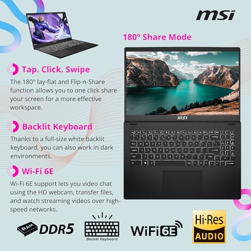 Image of msi Modern 15H AI Ready Business Laptop, 15.6 inch FHD Touchscreen Laptop, Intel Core Ultra 9 185H(>i9-13900H, 5.1 GHz), NPU, Backlit Keyboard, Wi-Fi 6E, Windows 11 Pro, Black(64GB DDR5 RAM | 1TB SSD)