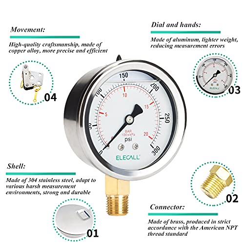 Elecall 300Psi Silicone Oil Filled Pressure Gauge For Water Oil Air Pressure Test In Pool Pump Sand Filter Air Compressor Water System, 2-1/2" Stainless Steel Case, Lower Mount 1/4"Npt #TOP2