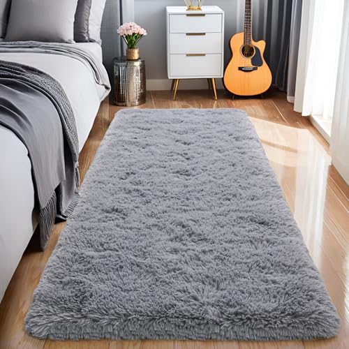 KING DARE Grey Runner Rug 2x6 for Bedroom Bedside, Fluffy Shaggy Washable Plush Fuzzy Shag Non-Slip Soft Carpet for Dorm Hallways Entryway Kids Room, Modern Home Decor Aesthetic