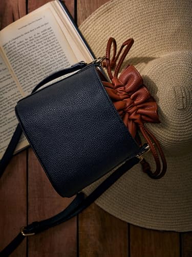 Image of white lily Women's Bucket Bag with Drawstring, Black and Brown Two-Tone, Adjustable Shoulder Strap