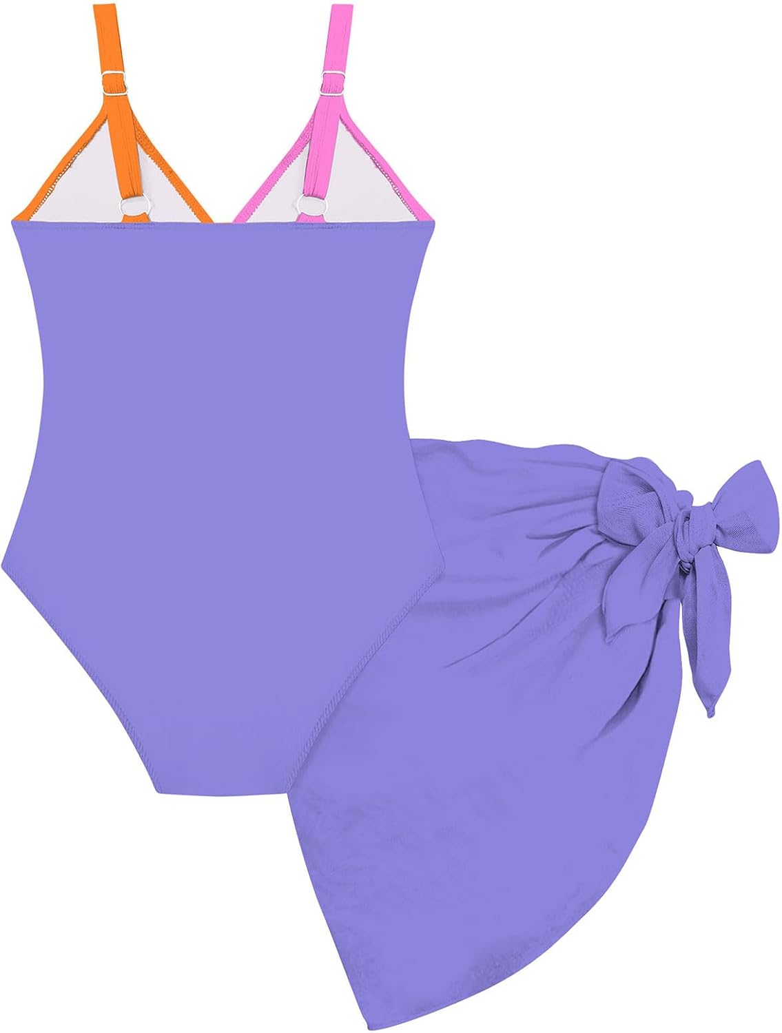 Funnycokid Girls One Piece Swimsuit Color Block Teen Bathing Suit with Pad Cover Up Skirt(7-16Y) - Image 2