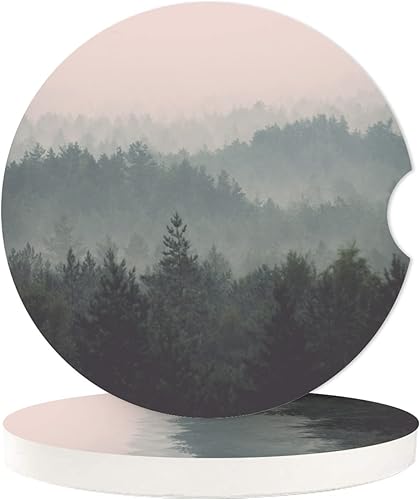 Misty Forest - Posavasos absorbentes para automóvil, portavasos con base de corcho con muesca para el dedo para un fácil movimiento del portavasos