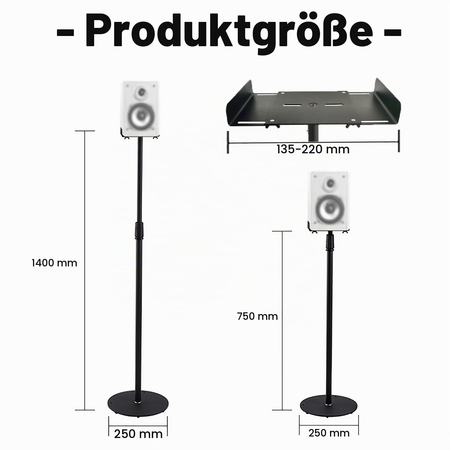 Lautsprecherständer，Boxenständer，Höhenverstellbereich:75-140cm，2er-Pack，Satelliten bis zu 8KG，Speaker Stand mit Ausziehbare Auflagenplatte und Interner Kabelkanal für Regallautsprecher