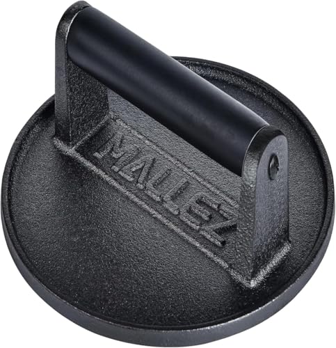 Mallez Burgerpresse aus Gusseisen, 16,5 cm, rund, robust, mit schwarzem Holzgriff, für Hamburger,...