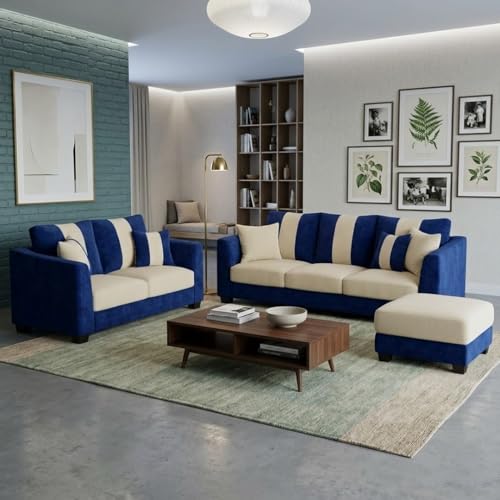 Image of Revo Plush Comfort Sofa Set | 3 Seater + 2 Seater with Ottoman | Luxury Velvet Suede Fabric | Modern Living Room Sofa | Dark Blue - Cream