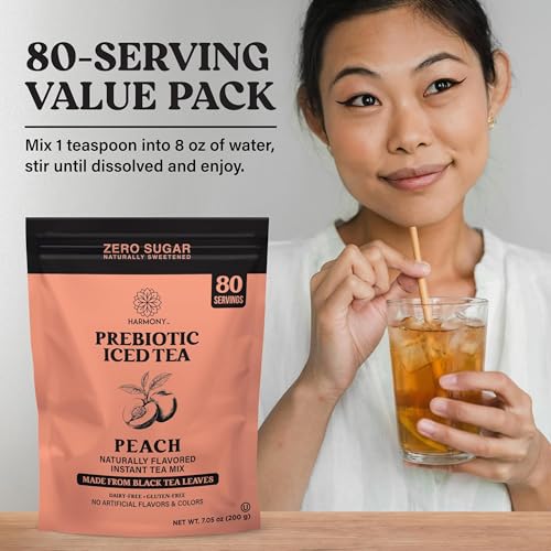 Image of Harmony Peach Prebiotic Black Iced Tea, 7.05 oz Bag, 80 Servings | Real black tea, Ripe peach flavor, 80 servings per bag, Prebiotic plant fiber, 25 calories, Zero sugar, Gluten free
