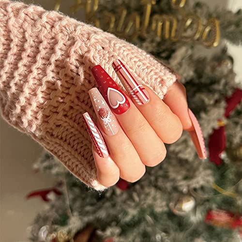 Christmas Press on Nail Long,Red Fake Nail Sweater Nails With Love Ballet Matte Design Xm Winter Acrylic Nail for Happy New Year Full Cover False Nails for Nail Salon -24pcs Flase Nail for Christmas