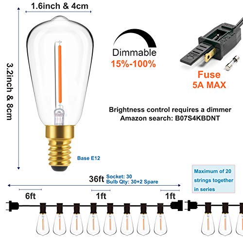 Newpow Outdoor String Lights 36Ft With Led Filament Bulbs 30+2(Spare) Dimmable Shatterproof Waterproof, For Indoor/Outdoor Decoration And Lighting, Edison Vintage Style Warm 2200K #TOP1
