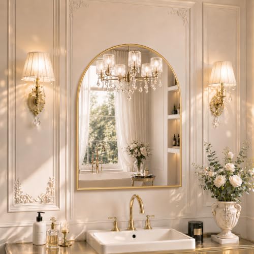 Image of 31 inchx32 inch Arched Gold Bathroom Mirror - Metal Framed with HD Shatter-Proof Glass, Wall-Mounted for Over Sink, Entryway, Living Room, Bedroom