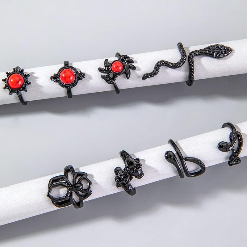 Vista 6 de Juego de 11 anillos apilables de color negro gótico, punk oscuro, flor de loto oscuro, piedra roja, retro, hueco, tallado, estilo palacio, nudillos