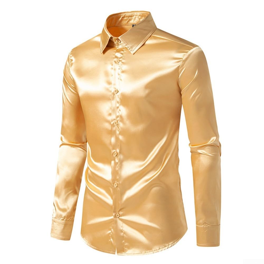 QOXEZY Camicia da uomo in raso di seta casual slim fit abbottonatura giù partito manica lunga