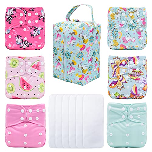 Image of Mumsbest Cloth Diaper for Baby Girls with Tummy Panel, 6 Pack Reusable Adjustable Washable AWJ Lining Pocket Nappy with 6 Inserts & 1 Diaper Wet Bag (Girl)