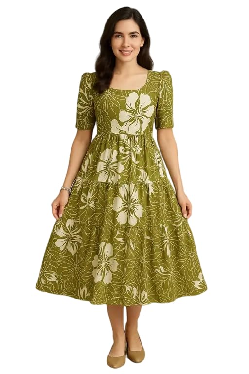 Image of Women's Round Neck Floral Block Printed Elbow Sleeves Front Button Detailing Layered and Tiered Hem Kurti Gown