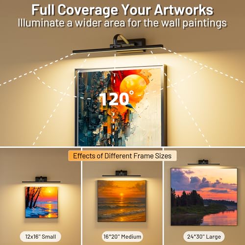 Image of AIFEI 5200mAh Picture Lights for Wall: Up to 48H Artwork Lighting | 6H Fast Charging for Living Room Hallway - Remote Timer Memory - Wireless Installation - 16 Inch - Black