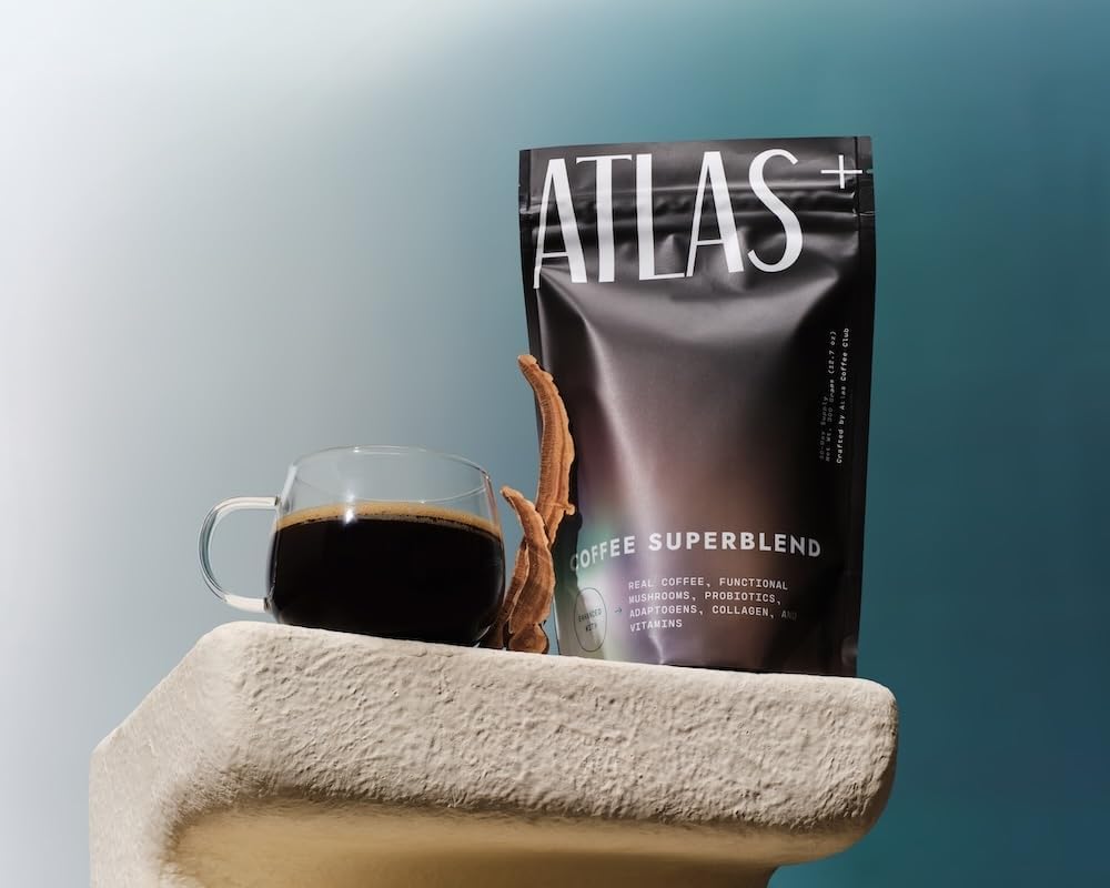 Atlas+ Coffee Superblend– Premium Mushroom Coffee with Collagen, Probiotics, D3 & B12, Lion’s Mane, Reishi, Cordyceps– for Energy, Focus, Immunity & Gut Health– 28 Servings (1 Bag) - Image 7