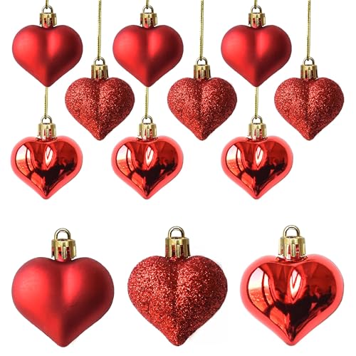Ornements de Coeur de Saint-Valentin, 12 Pièces Boules en Forme de Cœur Deco Saint Valentin, Boules de Coeur Boules de Noël, Décoration à Suspendre Cœur pour Saint-Valentin Mariage Noël Anniversaire