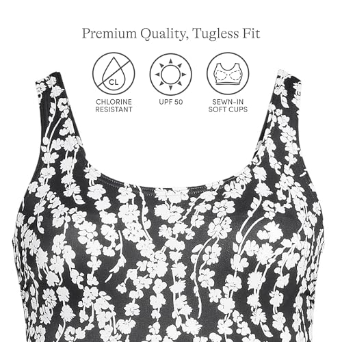 Lands' End Womens Chlorine Resistant Tugless Tank Soft Cup One Piece Swimsuit Black/White Vine Floral Long Torso 14