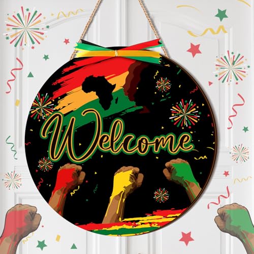 Moucuny Juneteenth Door Sign African American Wooden Hanging Decor with Bow 11.8 Inch Juneteenth Wreaths Freedom Day Memorial Heritages Welcome Porch Sign for Home Front Door Wall Decor