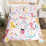 Erosebridal Kids Cute Cat Bedding Set Full,Flower Duvet Cover for Teens Girls,Kitten Comforter Cover with Corner Ties,Botanical Leaves Bed Set Funny Animal with 2 Pillow Cases Bedroom Decor
