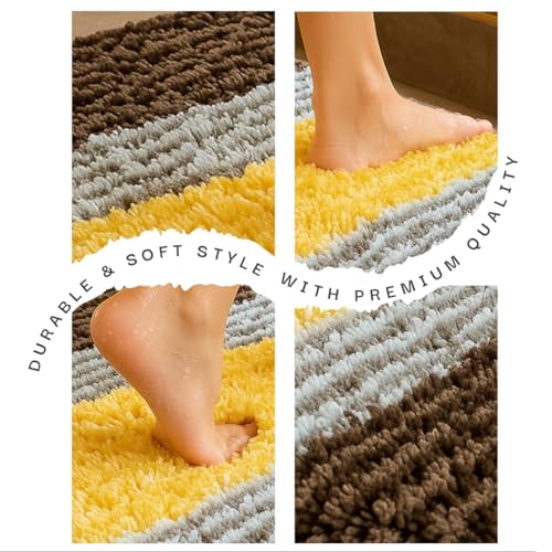 Image of VAS COLLECTIONS Microfiber Solid & Striped Anti-Skid Bath Mats - Pack of 2 (Brown & Yellow, 35x50 cm)