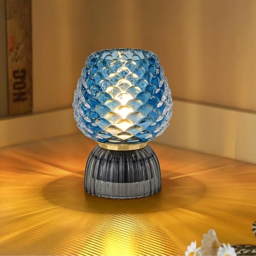 SisiHokai Battery Operated Lamp with Timer, Cute Small Cordless Glass Table Lamp for Home Decor, Kitchen, Bathroom, Birthday Idea for Women, Pinecone, Blue