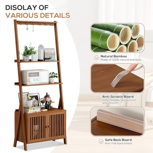 Image of Bookcase with Drawers, 4-Tier Bamboo Bookshelf Ladder Shelf with 6 Hooks, Tall Narrow Retro Book Shelf, 24.8 inchL x 10.6 inchW x 59.5 inchH, Standing Storage Organizer for Living Room, Office, Bedroom, Walnut