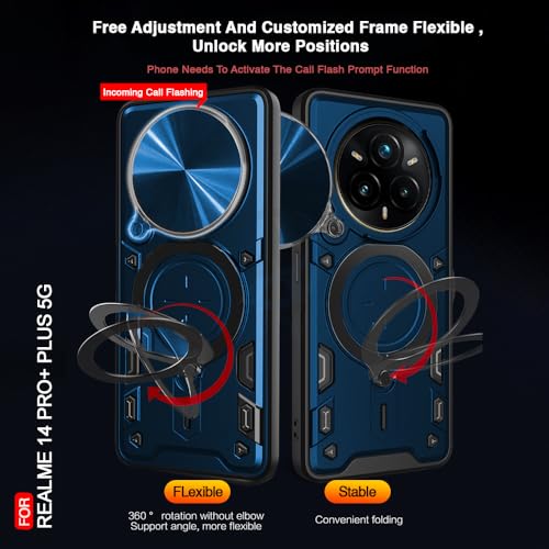 Image of AESTMO Armor Realme 14 Pro Plus 5G Bumper Back Case Cover | Ring Holder & CD Pattern Sliding Camera Shutter Cover | Back Case Cover for Realme 14 Pro Plus 5G (Blue)