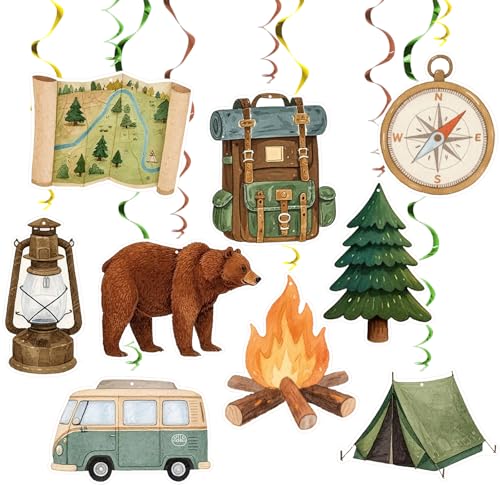 Image of Campining Hanging Swirl Set Party Decorations, 48 Pcs , Bear,Compass, Oil Lamps, Campfire,Tents, Bag, Tree Party Supplies Sign, Green Brown Orange